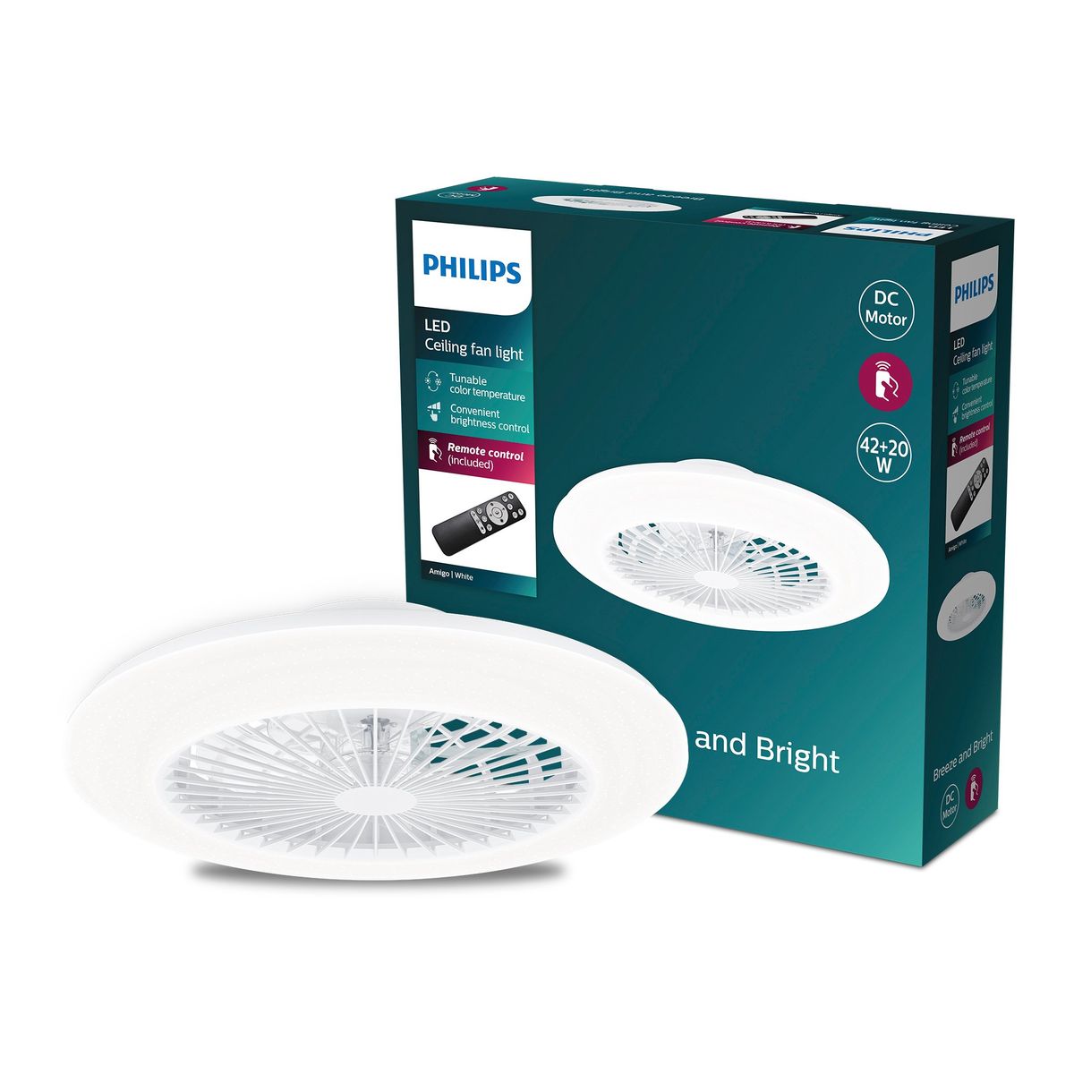Philips - Amigo Flat Fan Plafond Ir Rd 25W + 60W WH